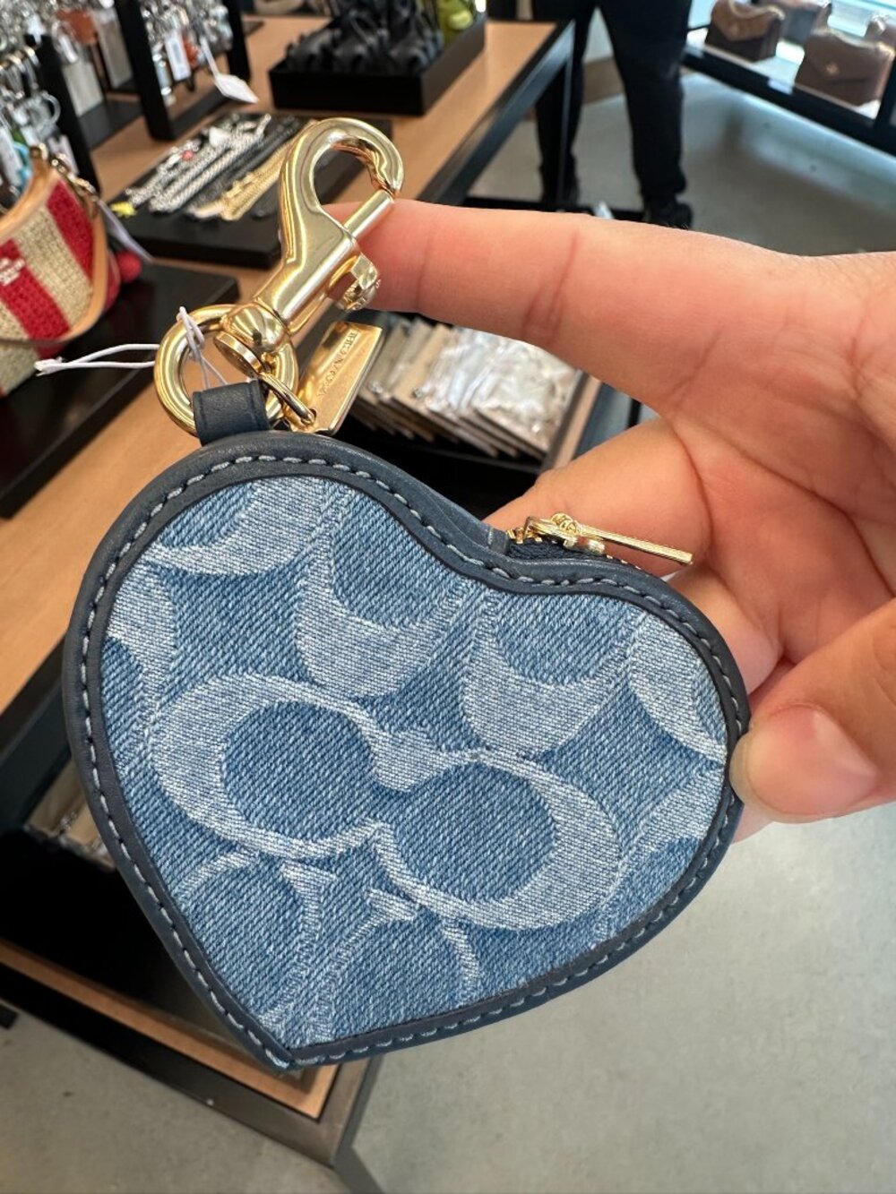 NWT! Coach CDF55 Heart Bag Charm Keychain In Signature Denim Gold/Indigo